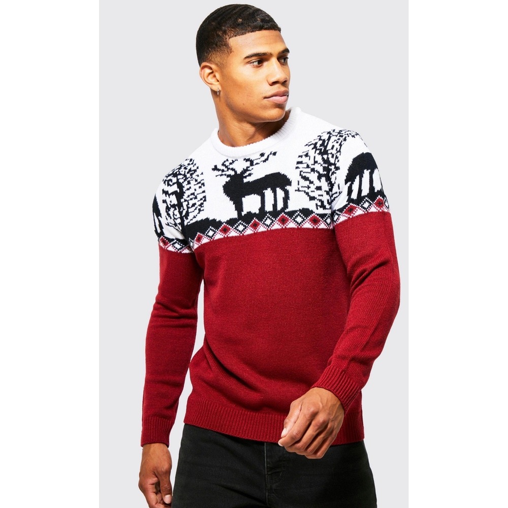 BoohooMAN Men's Reindeer Christmas Sweater‎ Red White Black Size M
